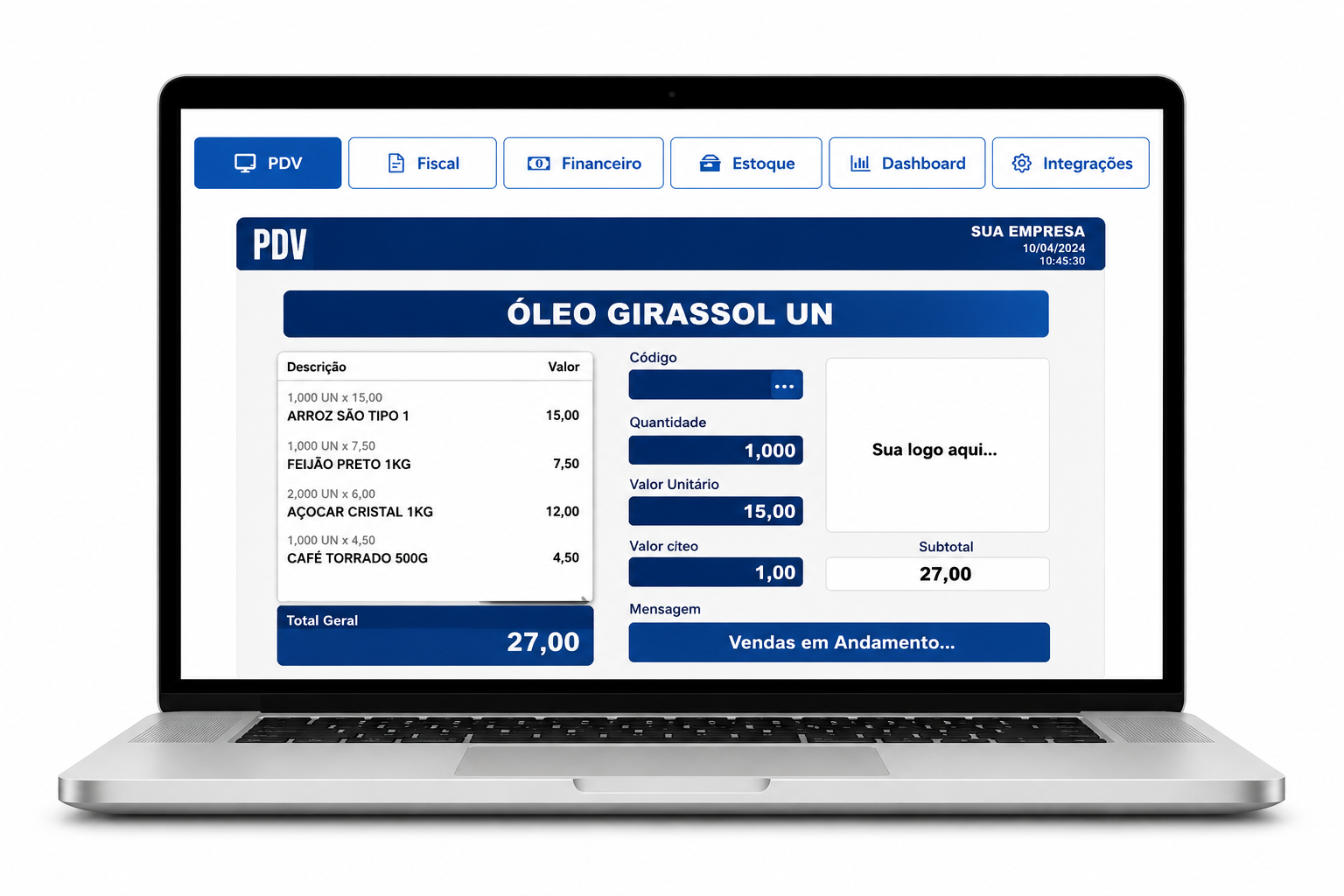 Tela do sistema LC ERP mostrando o PDV com itens de venda e total geral